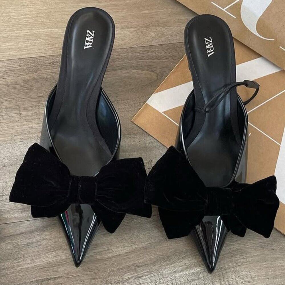 Zara Black Patent Bow Mule Heels NWT Pointed Toe Kitten Heel Slip On Size 6.5 - Picture 8 of 16